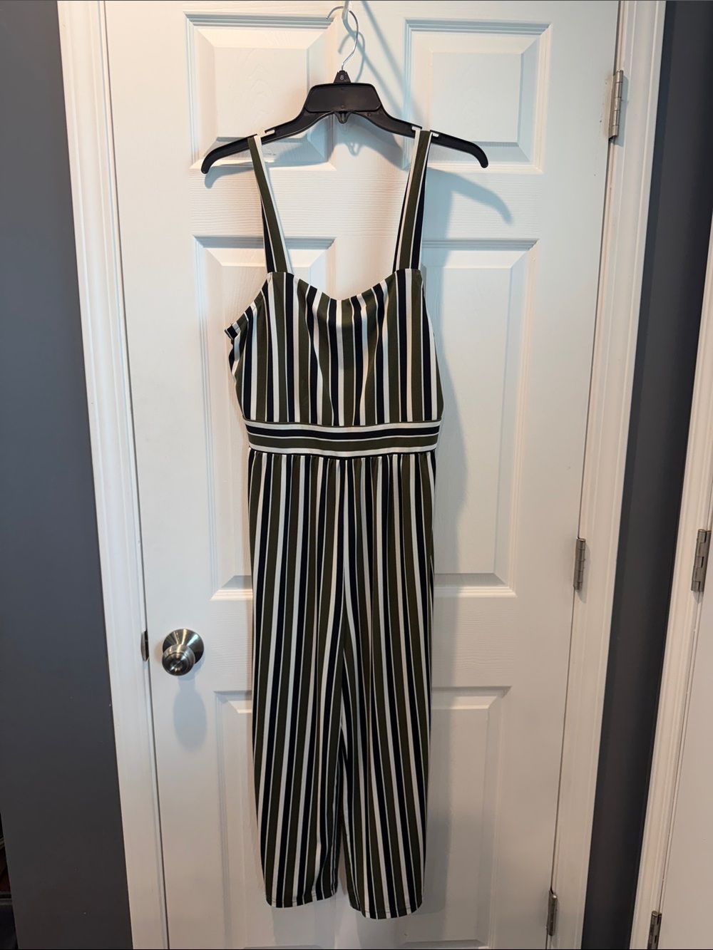 Express Black and White and Green Striped Sleeveless Jumpsuit
